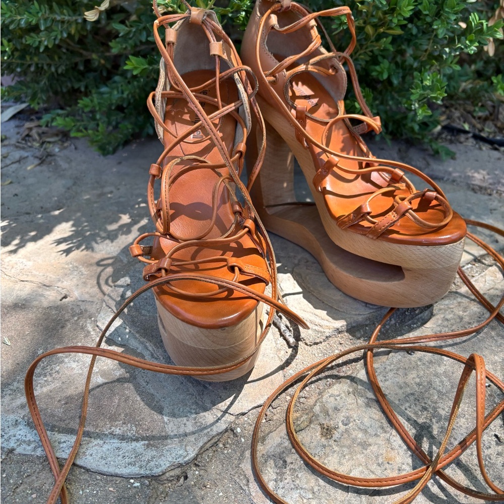 Jeffrey Campbell Sculptural Platform Heels | Lace Up Leather Sandals 7.5 - Picture 3 of 7